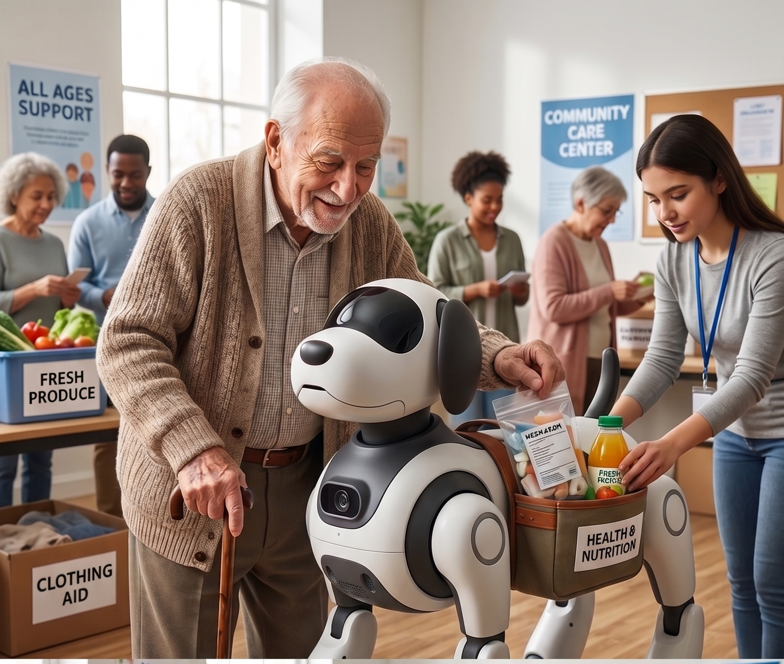 Robopaw assisting elderly and children at community centre